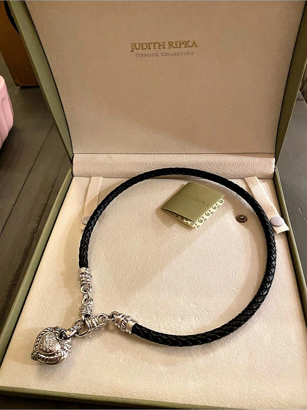 Judith Ripka Sterling Collection Braided Leather Heart Pendant Necklace